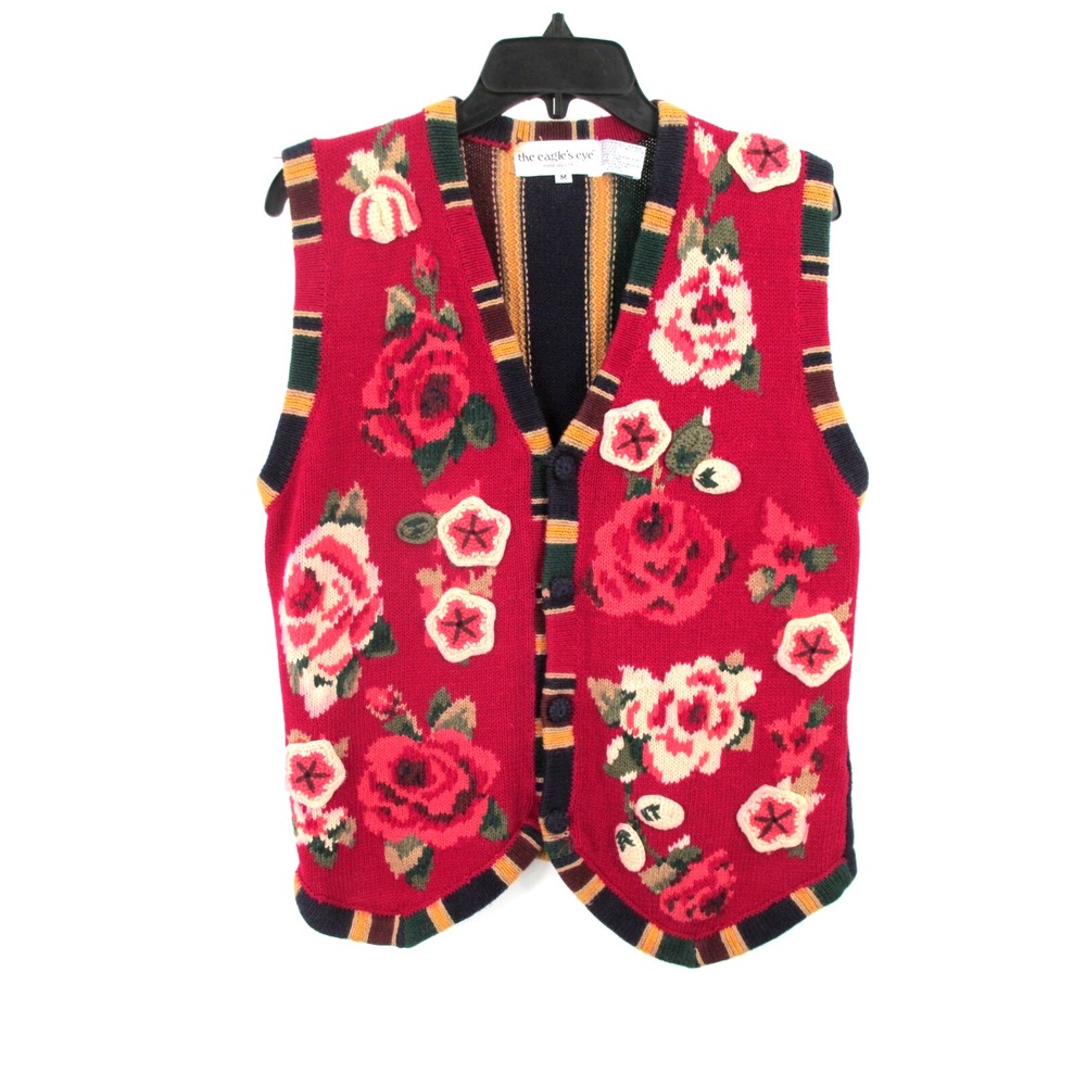 Vintage 90's THE EAGLE'S EYE Sweater Vest Women Medium Red Floral Cottage Core